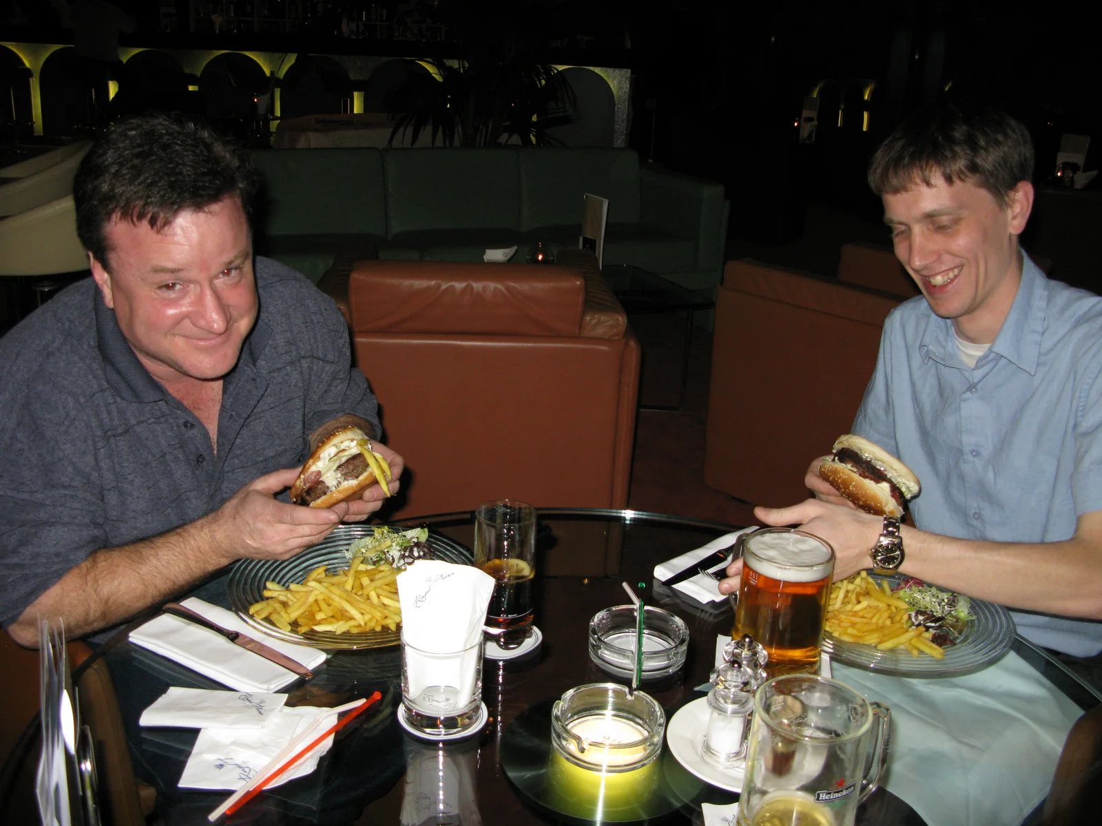 Todd and Bryan eating $30 hamburgers.