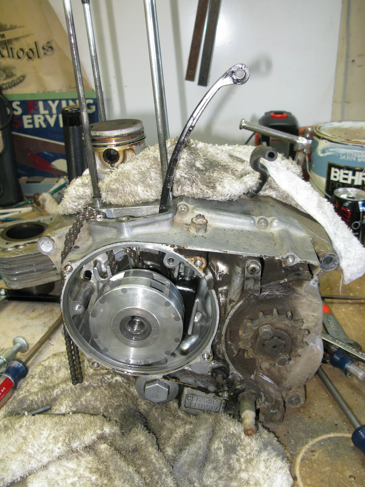 Engine with head and cylinder removed.